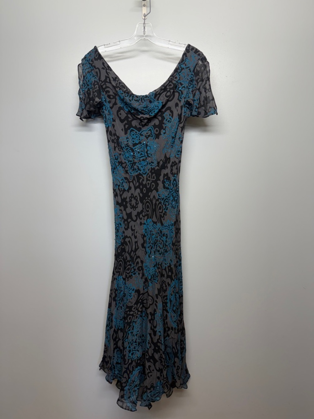 Eva Blue Flowing Pattern Rhinestone Flutter Sleeve Maxi Dress